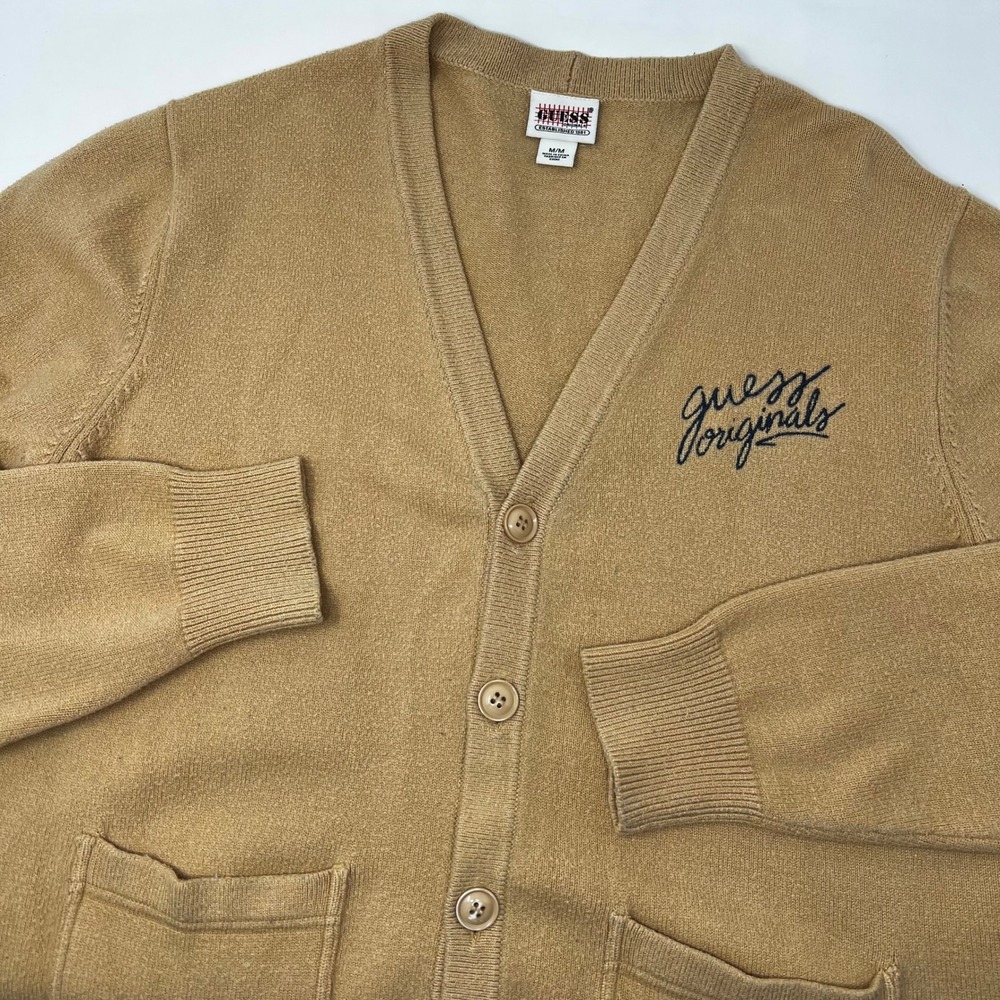 Vintage Guess Originals Tan Embroidered Logo Button Front Cardigan Sweater M - Picture 1 of 8